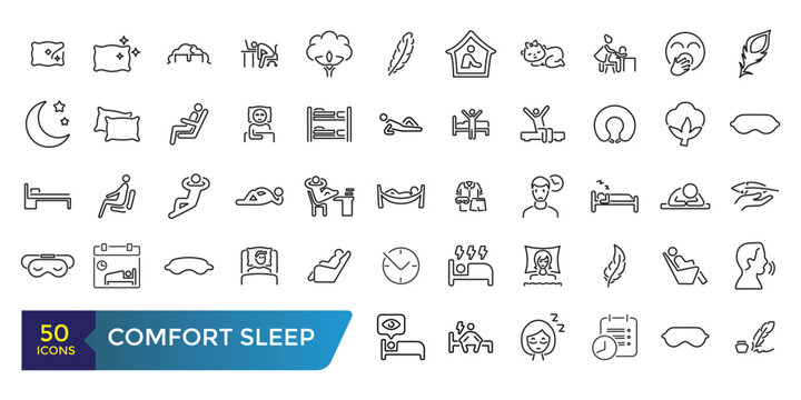Comfort sleep simple outline icon set. Blanket pillow properties line icon set. Collection and pack of linear web and ui icons. Editable stroke. Vector illustration