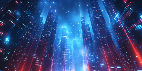 Fototapeta premium Neon-Lit Futuristic Urban Skyline with High-Tech Buildings and Cyberpunk Elements