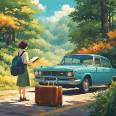 Illustration of a girl who loves traveling, carrying a suitcase, reading a travel guide in anime, watercolor and cartoon style.