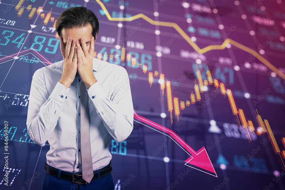 Aufkleber stressed young european man with glowing falling forex chart and index grid covering face with hands