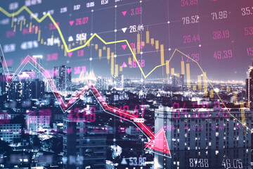 Abstract glowing falling forex chart and index grid on blurry night city background. Crisis and financial recession concept. Double exposure.