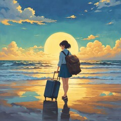 Illustration of a girl who loves traveling, carrying a suitcase, reading a travel guide in anime, watercolor and cartoon style.