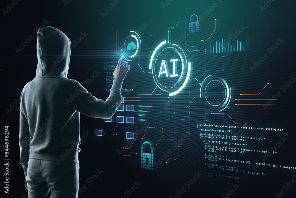 Poster Hacker using glowing blurry ai hologram with binary coding on blurry background. Artificial intelligence, malware, technology and programming concept.