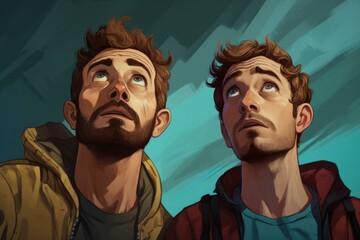 Digital artwork of two men looking upwards with thoughtful expressions, colorful backdrop