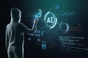 Hacker using glowing blurry ai hologram with binary coding on blurry background. Artificial intelligence, malware, technology and programming concept.