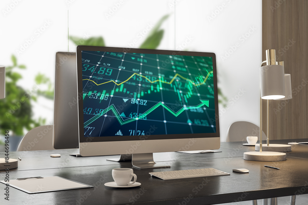 Poster close up of office workplace with forex chart on computer monitor and other items. financial account