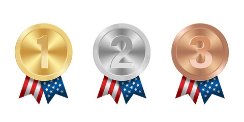 Golden silver and bronze award sport medal with USA ribbons and star