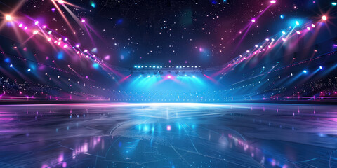 A vibrant ice rink illuminated with colorful lights, ready for a performance.
