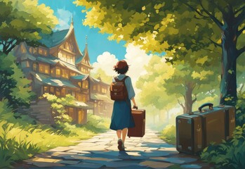 Illustration of a girl who loves traveling, carrying a suitcase, reading a travel guide in anime, watercolor and cartoon style.