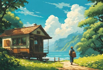 illustration of A man who loves traveling, carrying luggage, reading travel guides in the style of anime, cartoons and comics