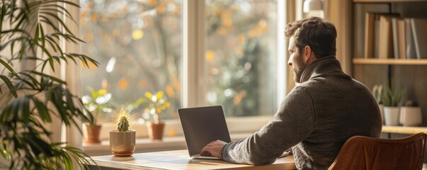 Man working from home, laptop on a minimalist desk, remote work efficiency, copy space for text.