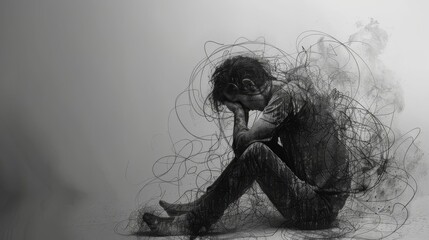 Individual in distress, seated with head in hands, chaotic thoughts depicted as scribbles, grayscale