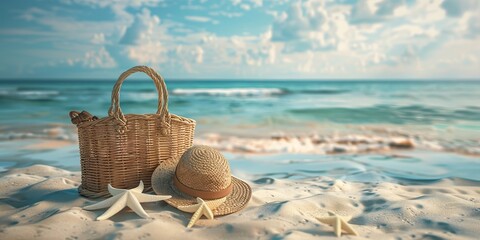  a wicker bag and a hat on the ocean shore