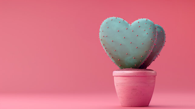 3D of a heart-shaped cactus plant in a pink pot, set against a soft pink background, perfect banner for celebrating Valentines Day with a quirky and unique touch