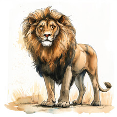 Obraz premium Majestic lion with a flowing mane standing proudly, cute ink watercolor illustration isolated on a white background 