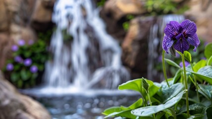 Obraz premium Close-up of a vibrant purple flower blooming beside a cascading waterfall, highlighting nature's beauty and tranquility.