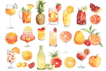 Watercolor Set of Fruit and Beverage Icons on Clean White Background