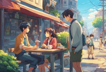 an Indian boy and girl discussing with each other while smiling kindly in a city with anime and cartoon style