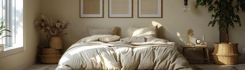 Cozy modern bedroom beige tones soft bedding minimalist decor three framed artworks above bed warm natural lighting
