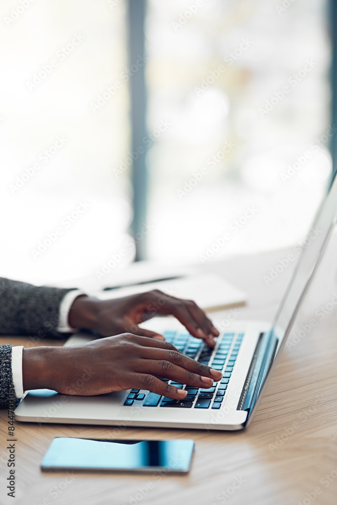 Poster Man, hand and laptop or working with smartphone, online business and website design for creative career. Digital, entrepreneur and keyboard typing for programming on internet, app and networking