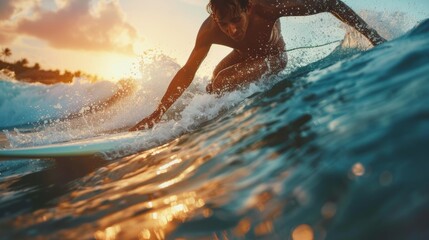 Surfboarder skillfully gliding on a wave with the vibrant sunset illuminating the ocean and sky. the image emphasizes the thrill and beauty of surfing during golden hour.