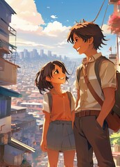 an Indian boy and girl discussing with each other while smiling kindly in a city with anime and cartoon style