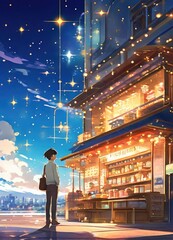 illustration of a person and the sparkle of big and small stars in anime and cartoon style