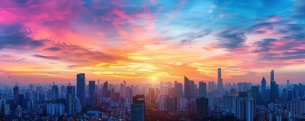 Beautiful sunset over a bustling cityscape, skyscrapers silhouetted against colorful sky, urban twilight, copy space for text.