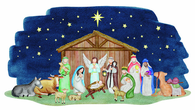 Christmas nativity scene with Baby Jesus, Virgin Mary, Joseph, Three Wise Men, Shepherd of sheep and animals. biblical scene for religious cards, posters