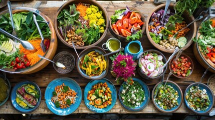 Fototapeta premium Colorful array of healthy food alternatives on a rustic table. Fresh and vibrant. --ar 16:9 --style raw Job ID: 21fafd47-7941-4939-b376-c614ea71666c