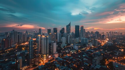 Obraz premium Drone shot of a vibrant cityscape at dusk with glowing lights. Dynamic and captivating. --ar 16:9 --style raw Job ID: 9b4b0bc8-681f-401f-bd46-32dca417a73d