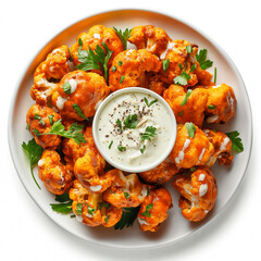 Spicy vegan buffalo cauliflower wing with ranch, isolated on a white background 