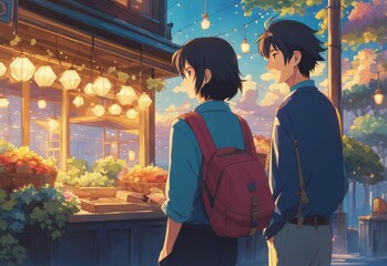 illustration of a person and the sparkle of big and small stars in anime and cartoon style