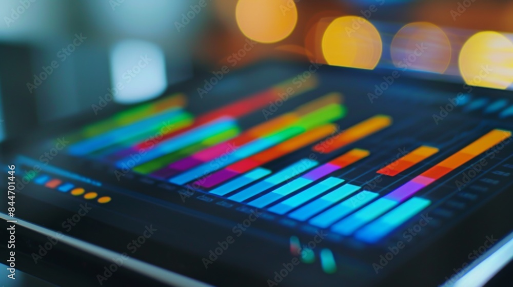 Aufkleber Close-up of a tablet screen displaying a colorful bar chart, representing sales data
