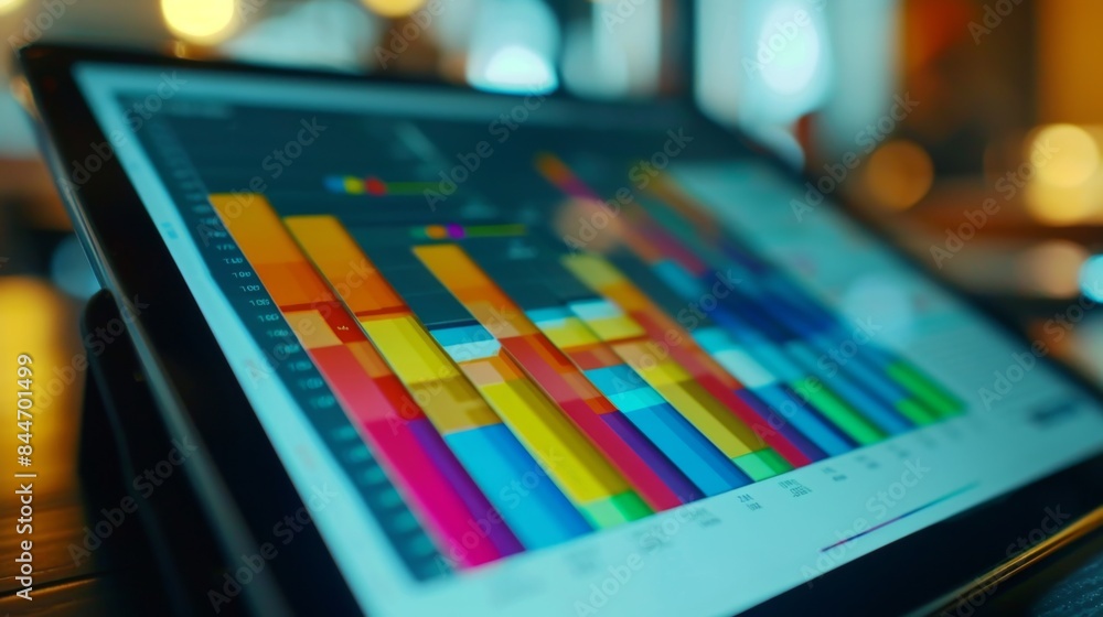 Aufkleber close-up of a tablet screen displaying a colorful bar chart, representing sales data