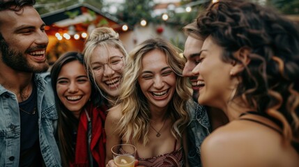 Obraz premium Group of friends celebrating a special occasion with candid joy. Genuine and heartwarming. --ar 16:9 --style raw Job ID: 216a7732-bb5c-45c1-a6f7-6d27201f0a04