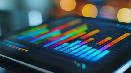 Close-up of a tablet screen displaying a colorful bar chart, representing sales data