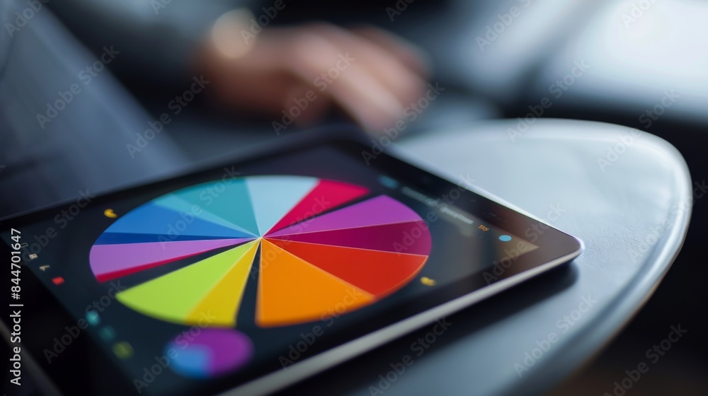 Poster close-up of a tablet screen displaying a colorful pie chart, illustrating market share