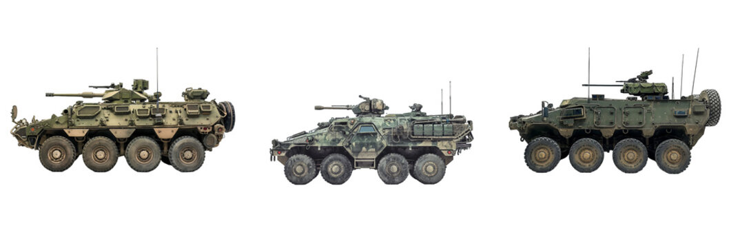 armored combat vehicle isolated on transparent png background. Three military vehicles are shown in a row