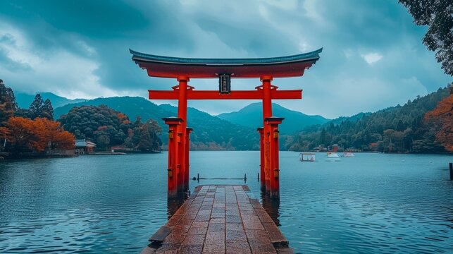 Shinto Shrine with Red Torii Gate 