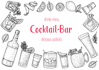 Alcoholic cocktails frame. Hand drawn vector illustration. Cocktails sketch set. Engraved style.