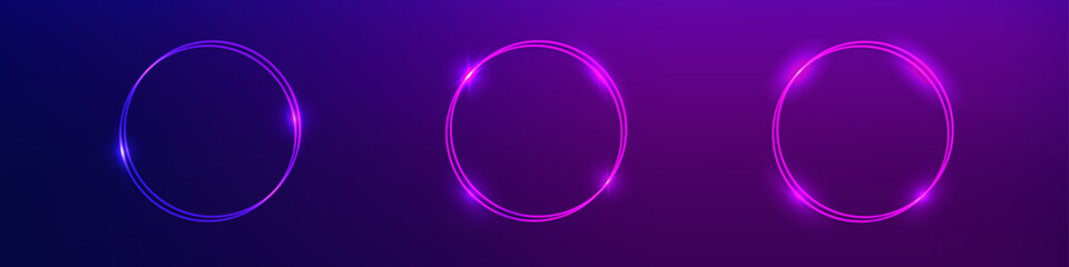 Set of neon double frames with shining effects
