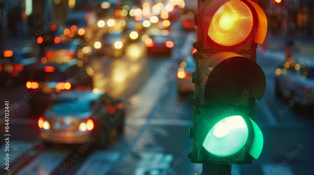 Aufkleber close-up of a traffic light changing from green to red at a busy street intersection