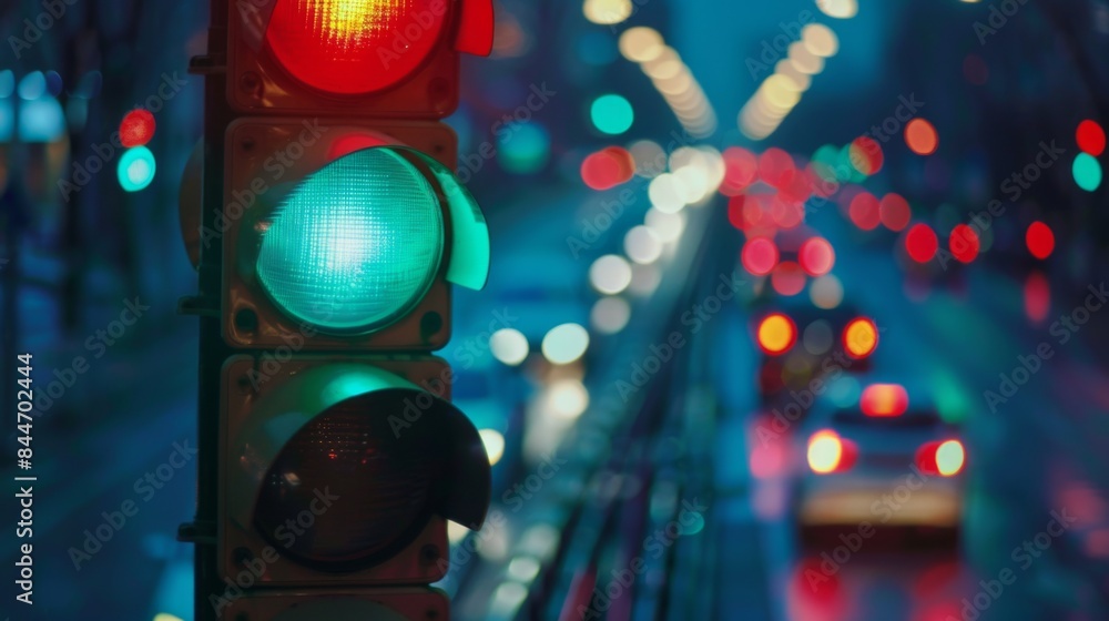 Poster Close-up of a traffic light changing from green to red at a busy street intersection
