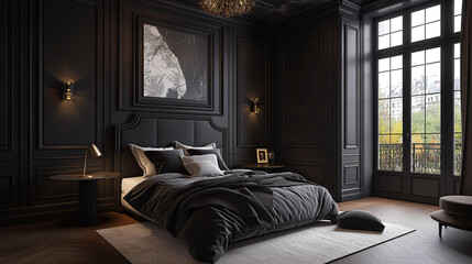 interior luxury black bedroom with big window
