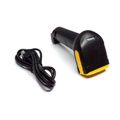 handheld barcode scanner and wire for it on white background