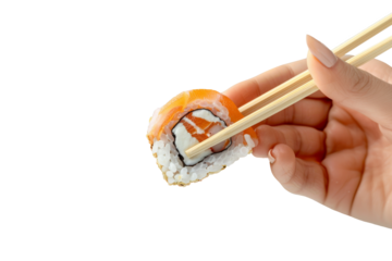 Holding chopsticks picking up sushi 1 piece isolated on transparent background, for japanese food concept, menu recommend and advertising in restaurant.