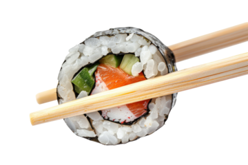 Holding chopsticks picking up sushi 1 piece isolated on transparent background, for japanese food concept, menu recommend and advertising in restaurant.