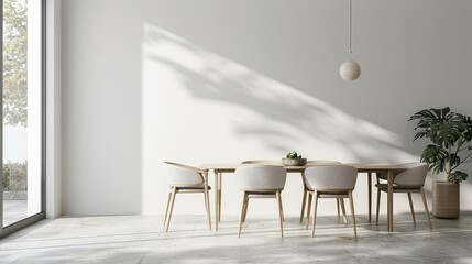 Dining area with a minimalist table and chairs, neutral colors, and clean design, modern home interior, copy space for text.