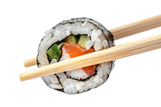 Holding chopsticks picking up sushi 1 piece isolated on transparent background, for japanese food concept, menu recommend and advertising in restaurant.